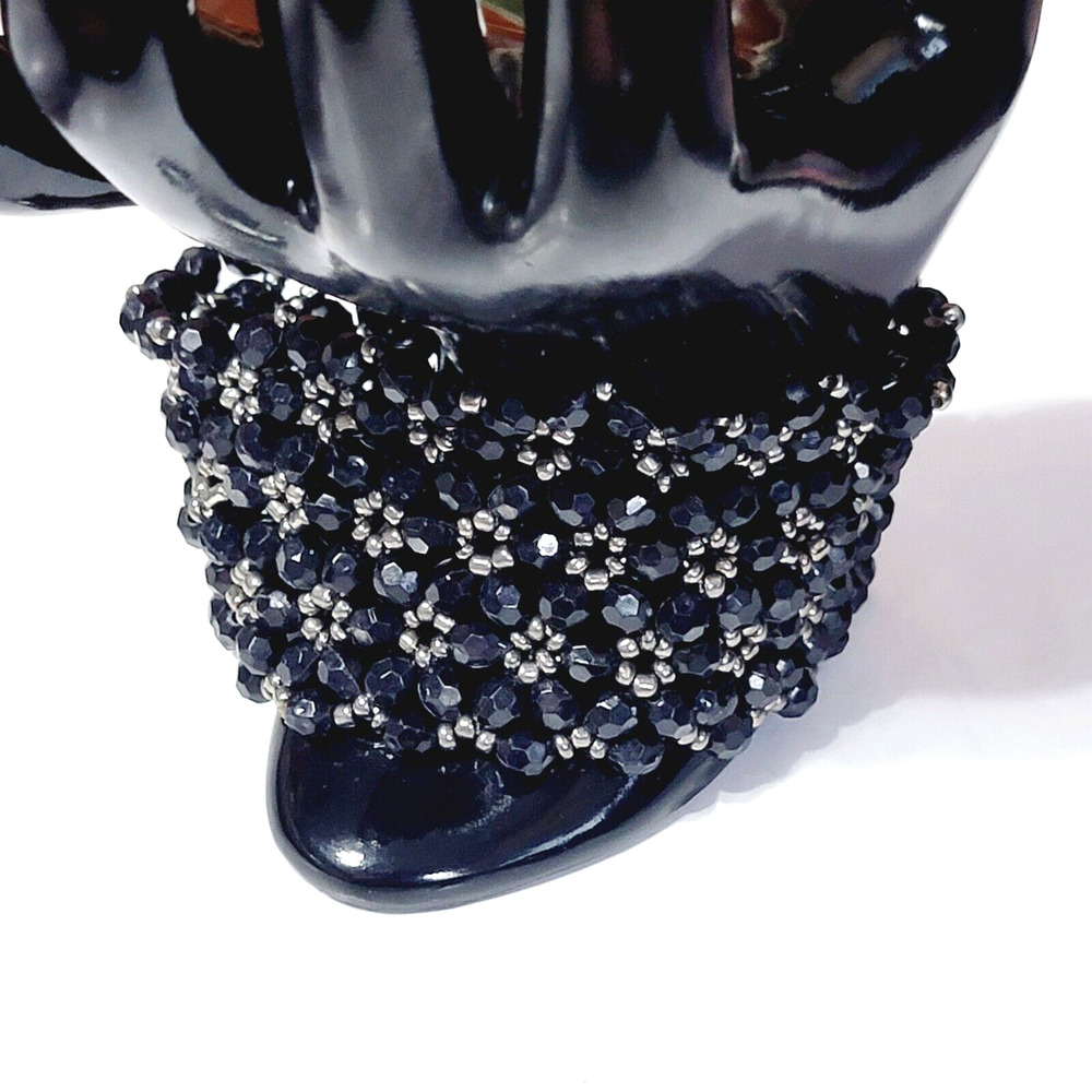 Vintage‎ Beaded Black Bracelet Stretchy, Wide Boho Floral Design Lucite sbr-11